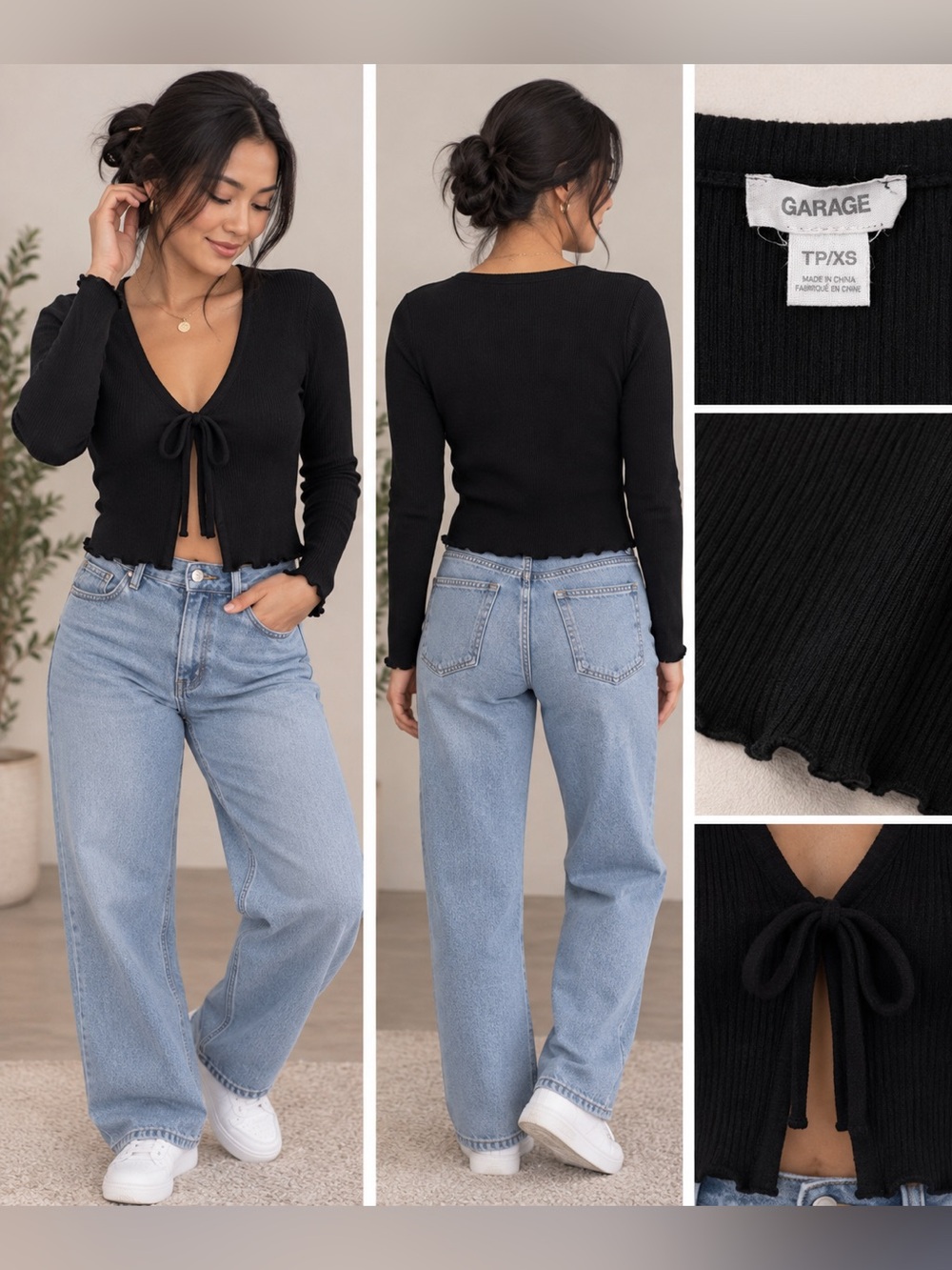 Garage Black Tie-Front Ribbed V-Neck Crop Sweater